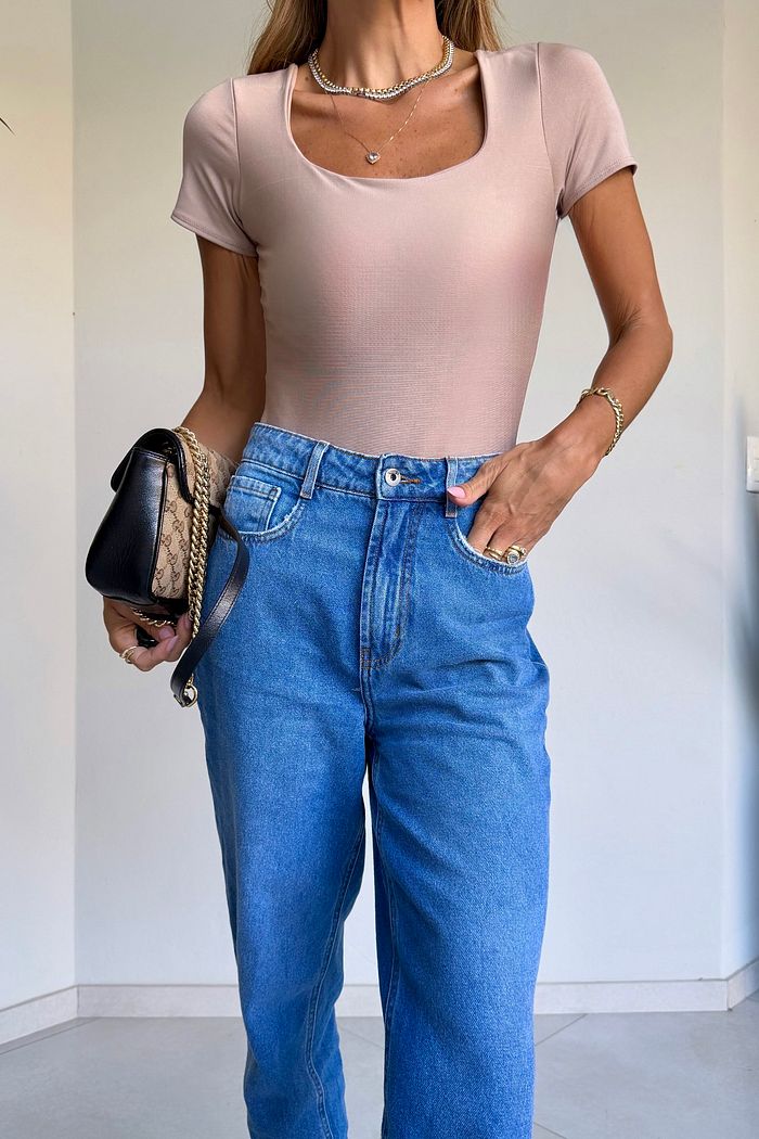 Body c/ Manga Decote Quadrado em Suplex Premium cor Nude