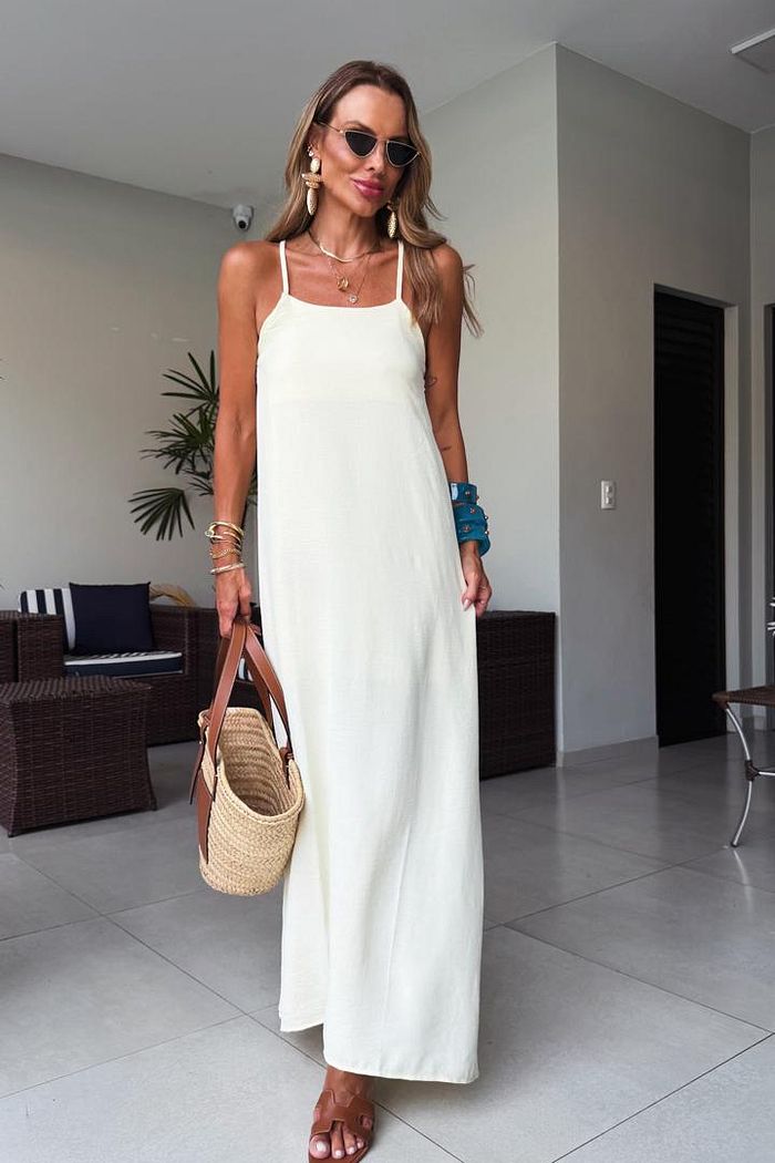 Vestido Longo Crepe Decote Reto de Alças Finas Amarelo Manteiga