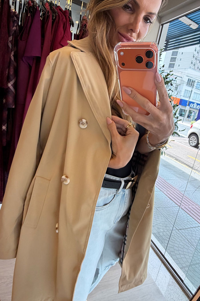 Trench Coat Clássico Longo cor Nude Inspirado no Estilo Burberry