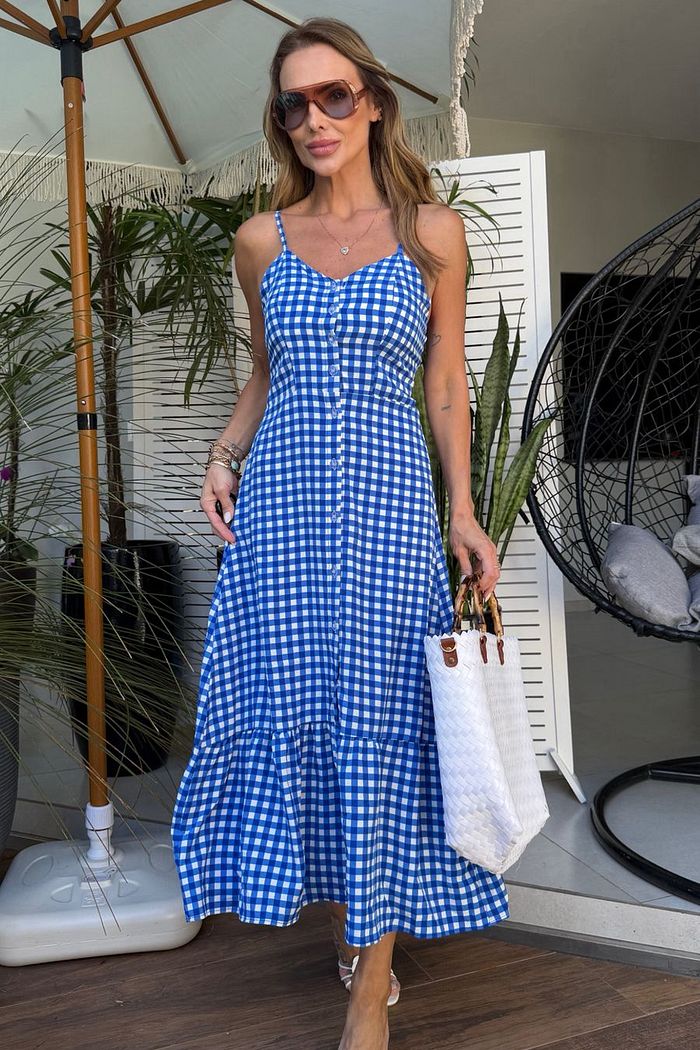 Vestido Botões Xadrez Azul