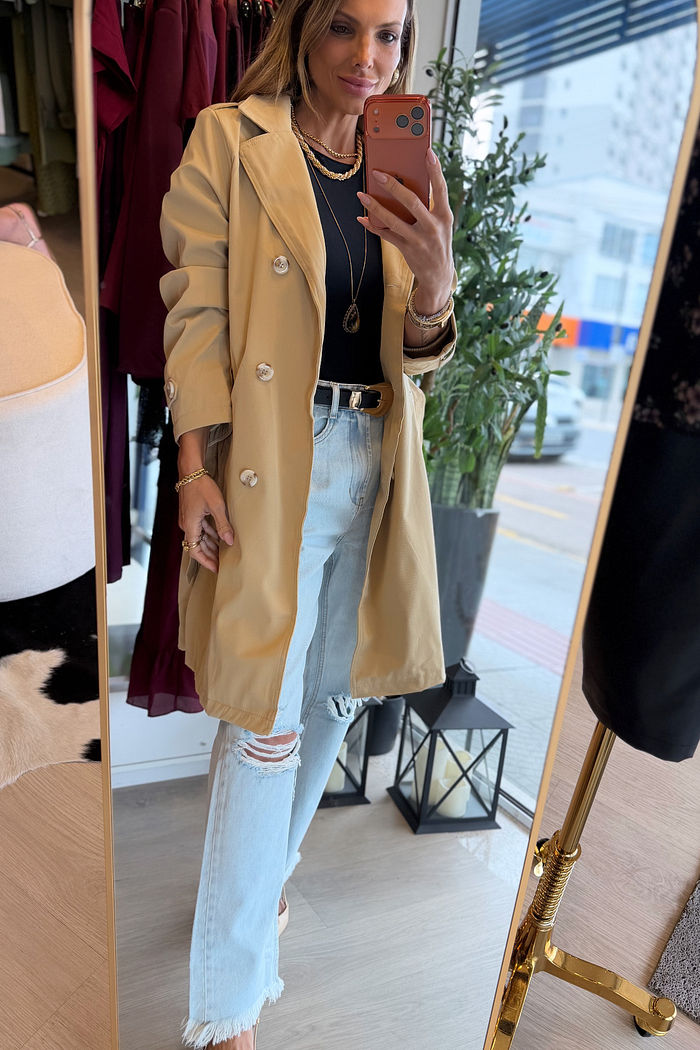 Trench Coat Clássico Longo cor Nude Inspirado no Estilo Burberry