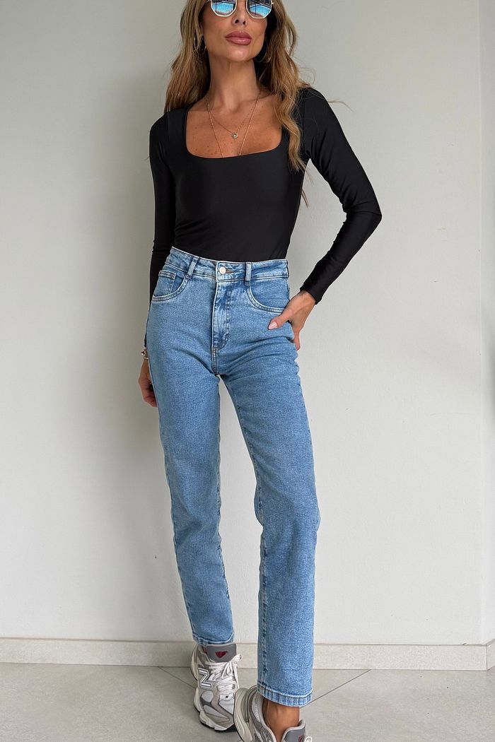 Body Manga Longa Decote Quadrado Suplex Premium cor Preta