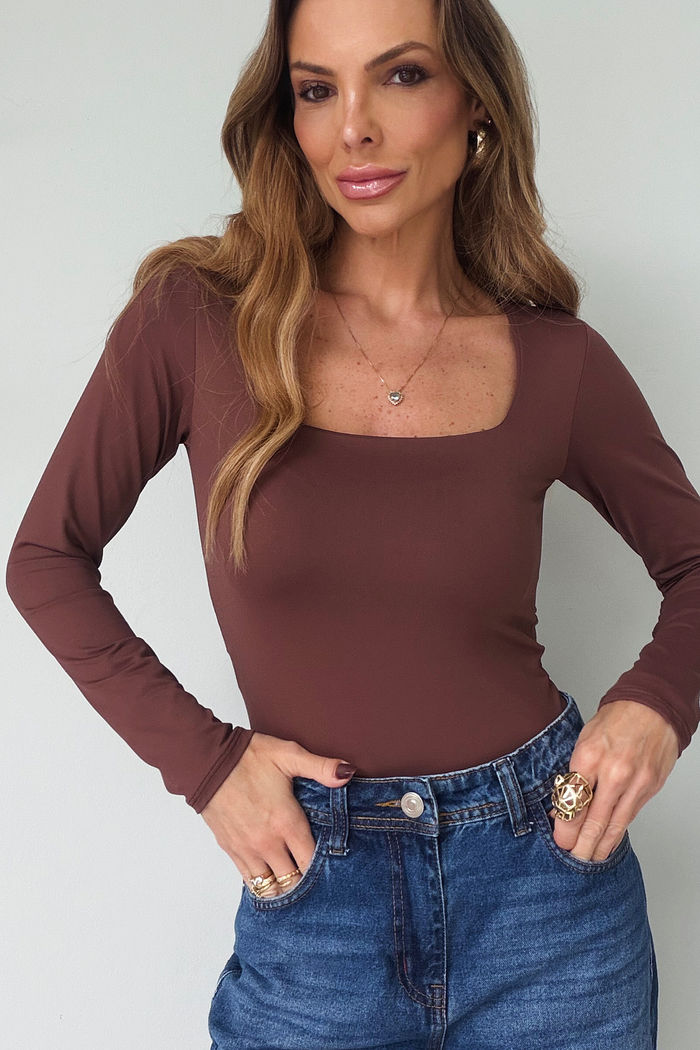 Body Poliamida Premium ML Decote Quadrado cor Marrom