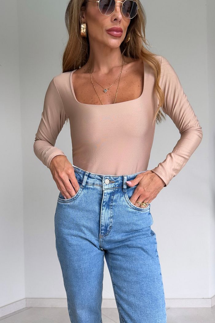 Body Manga Longa Decote Quadrado Suplex Premium cor Nude