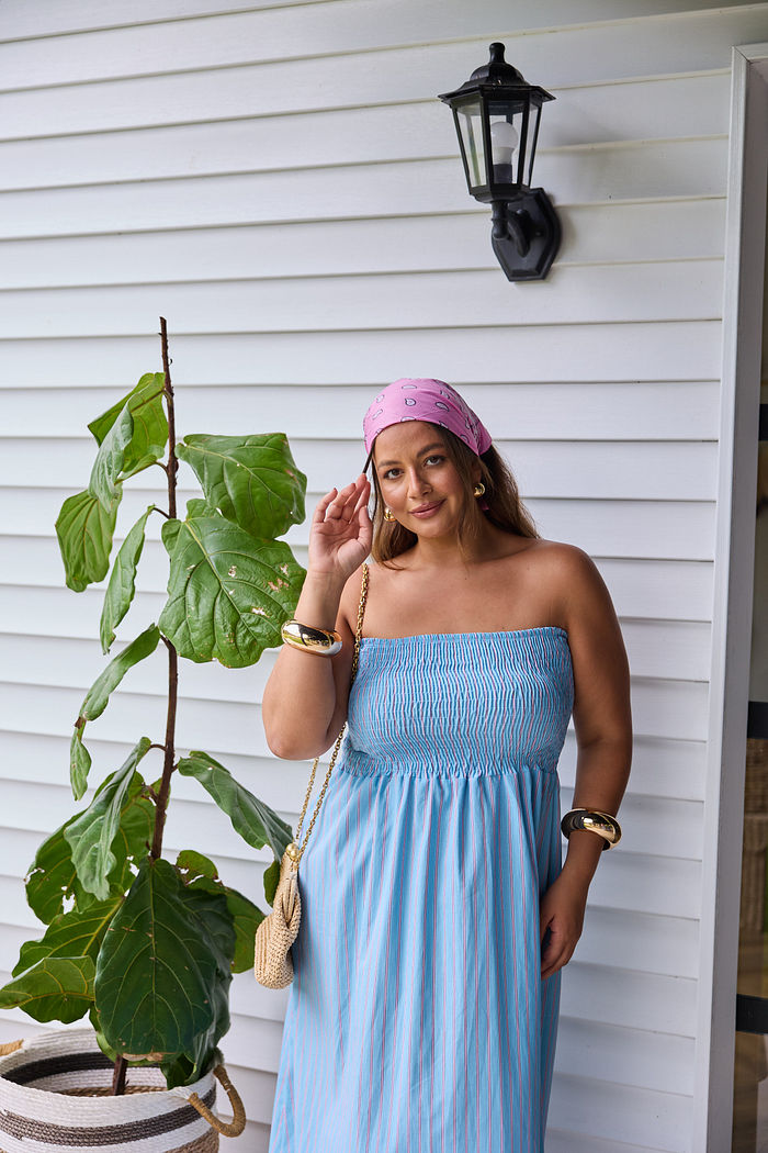 Vestido Tomara que Caia Alana Listrado Azul