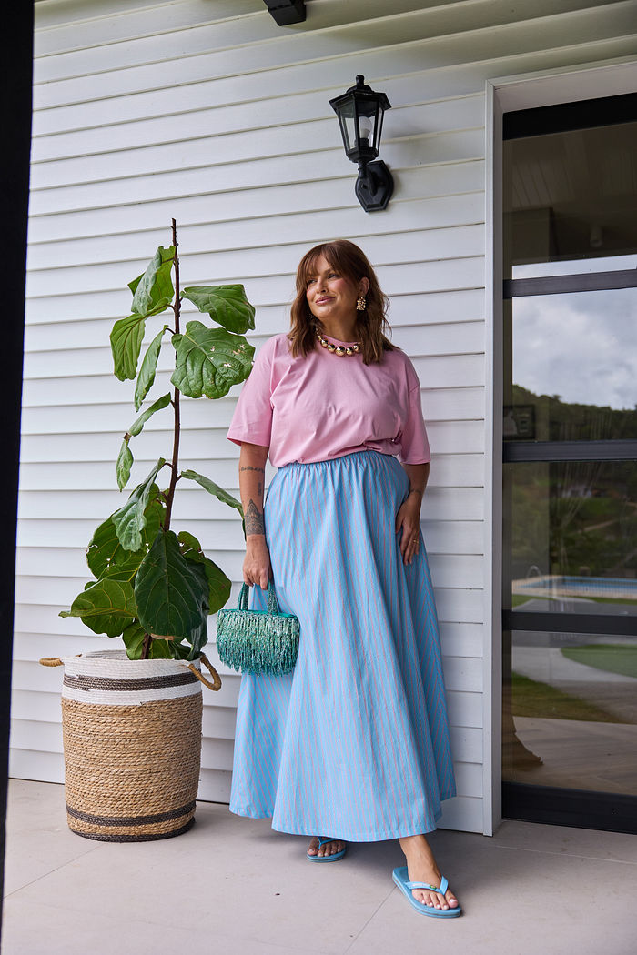 Saia Alfaiataria Fabíola Listrada Azul e Rosa