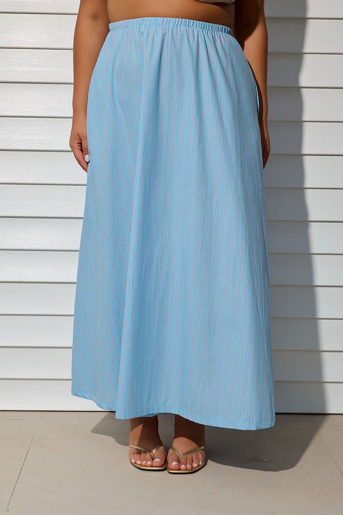 Saia Alfaiataria Fabíola Listrada Azul e Rosa