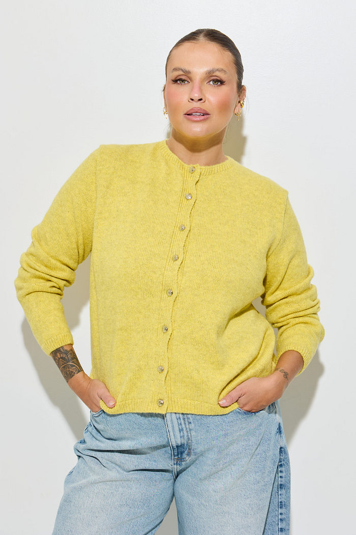 Cardigan Tricot Amarelo Mescla Com Botões Dourados