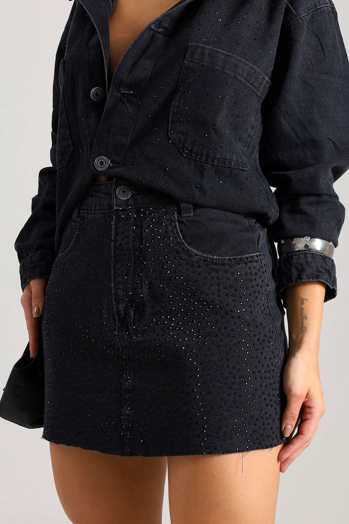Saia curta jeans estonado brilho
