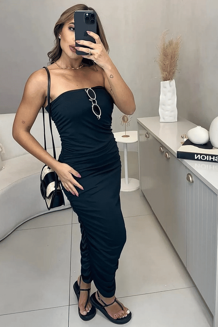 Vestido midi  drapeado tomara que caia