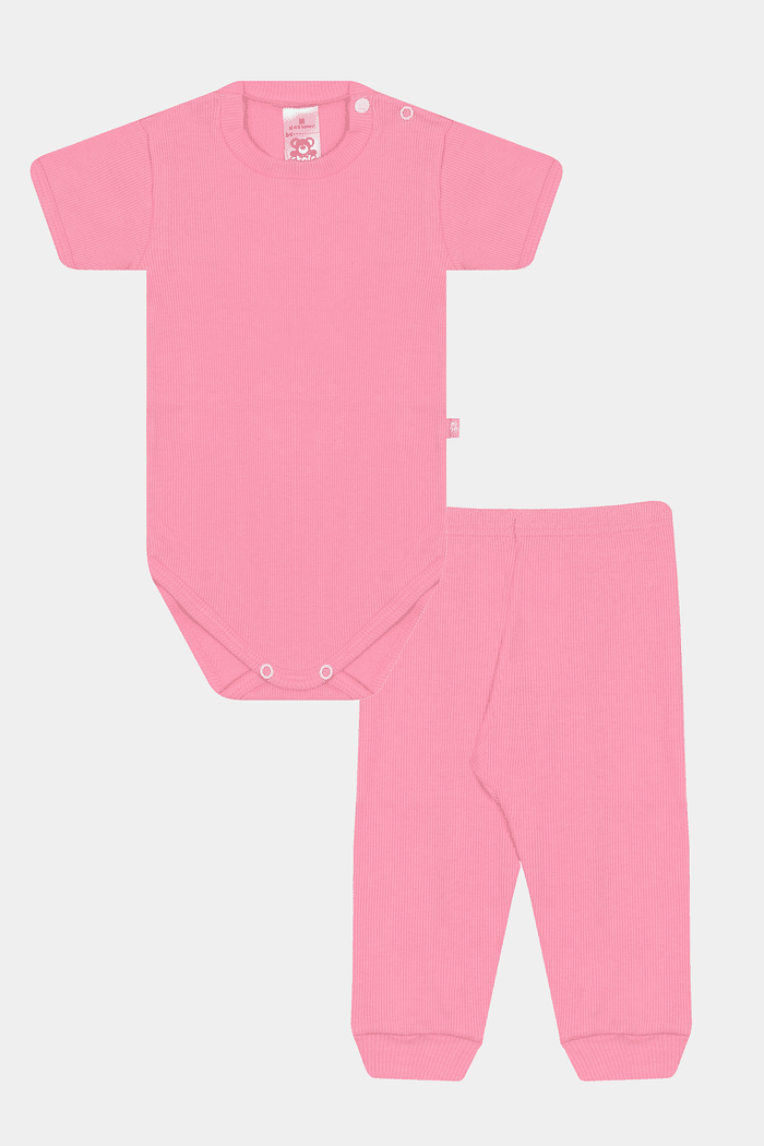 Conjunto Canelado Body Curto e Calça Rosa Chiclete Stolf