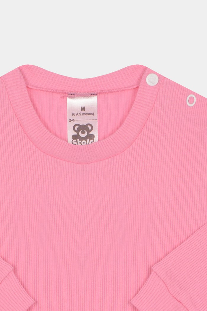 Camiseta Canelada Manga Longa Lisa Rosa Chiclete Stolf