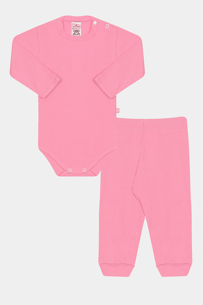Conjunto Canelado Longo Rosa Chiclete