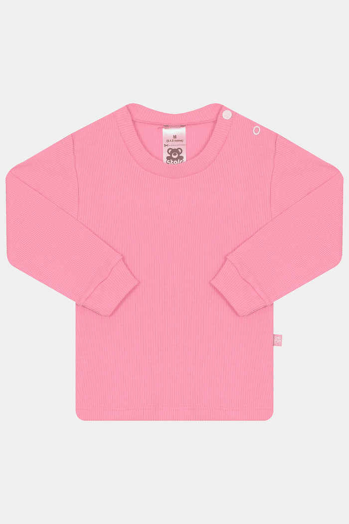 Camiseta Canelada Manga Longa Lisa Rosa Chiclete Stolf