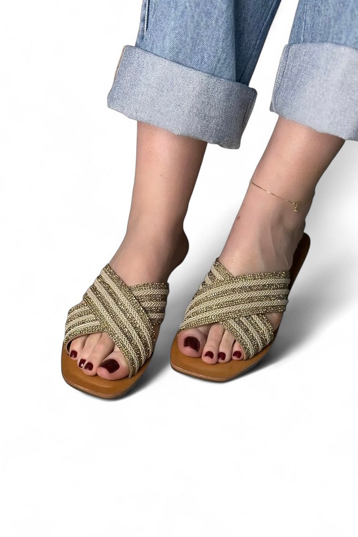 MIA - FLAT RASTEIRA CORDA COM STRASS DOURADO