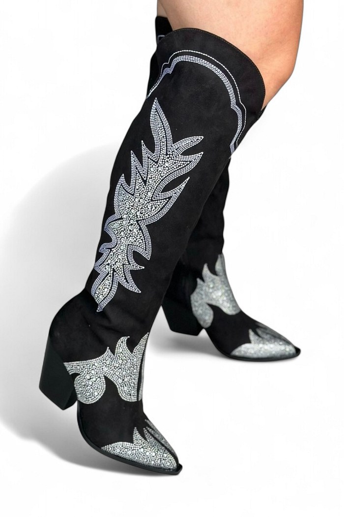 CELINA - BOTA CAMURÇA BORDADA CANO LONGO PRETA