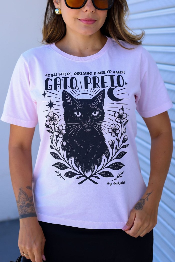 T-SHIRT ESTONADA GATO PRETO - ROSA CANDY