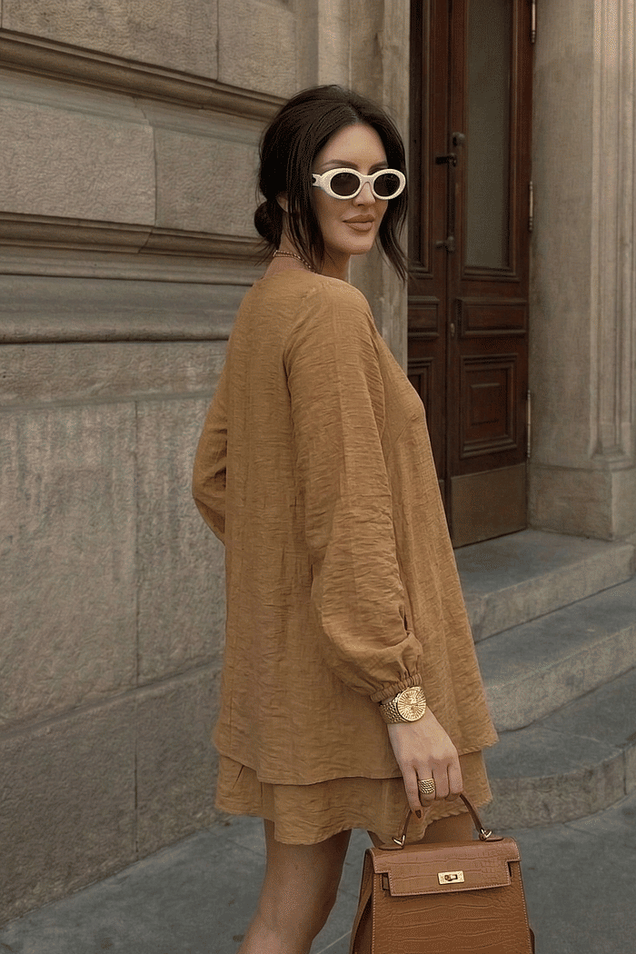 VESTIDO DUPLO MANGA LONGA - MASCAVO