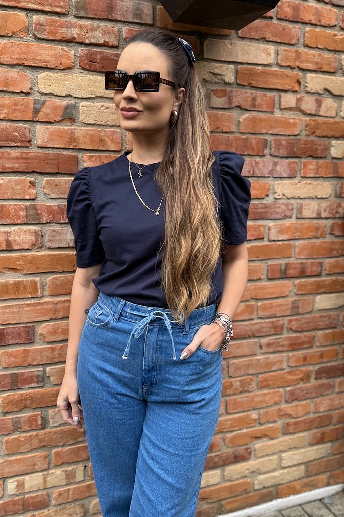 BLUSA FEMININA MANGA BUFANTE DE ALGODÃO LISA - MARINHO