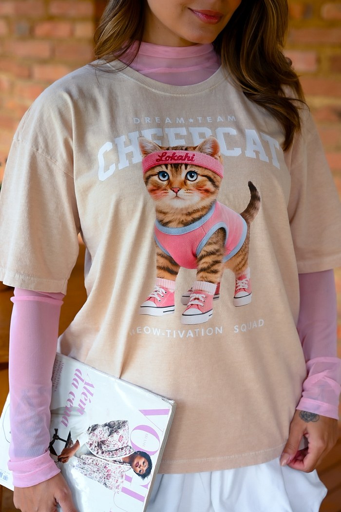 T-SHIRT ESTONADA OVERSIZED SQUAD CAT - AREIA