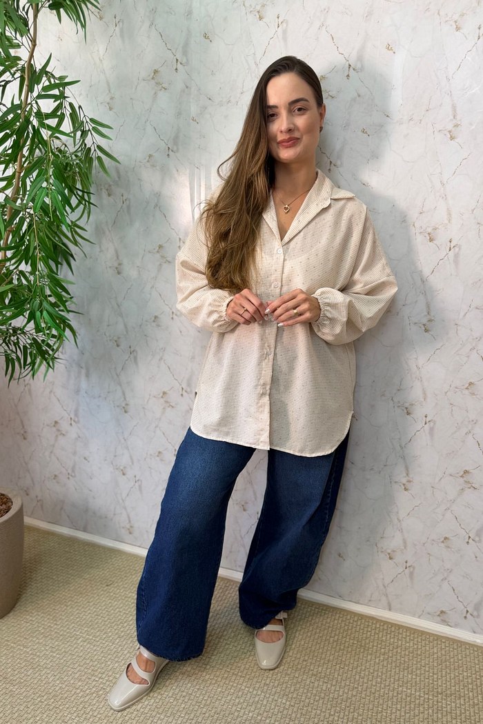 CAMISA OVERSIZED VICHY HEART - BEGE