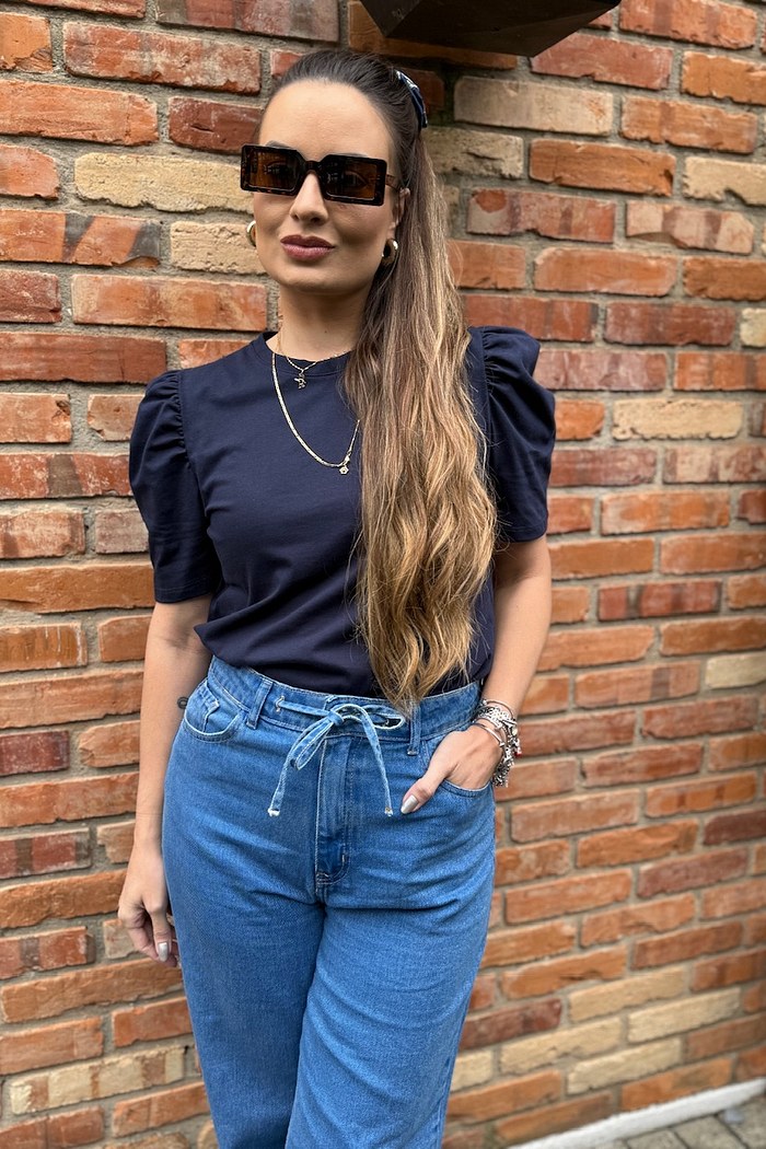 BLUSA FEMININA MANGA BUFANTE DE ALGODÃO LISA - MARINHO