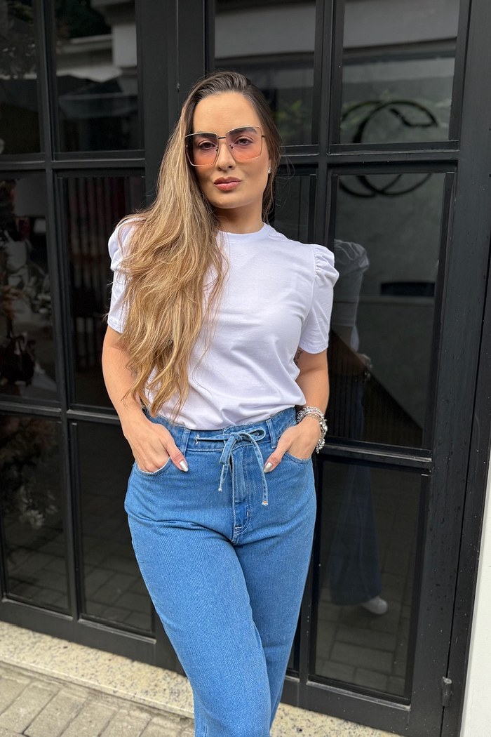 BLUSA FEMININA MANGA BUFANTE DE ALGODÃO LISA - BRANCO