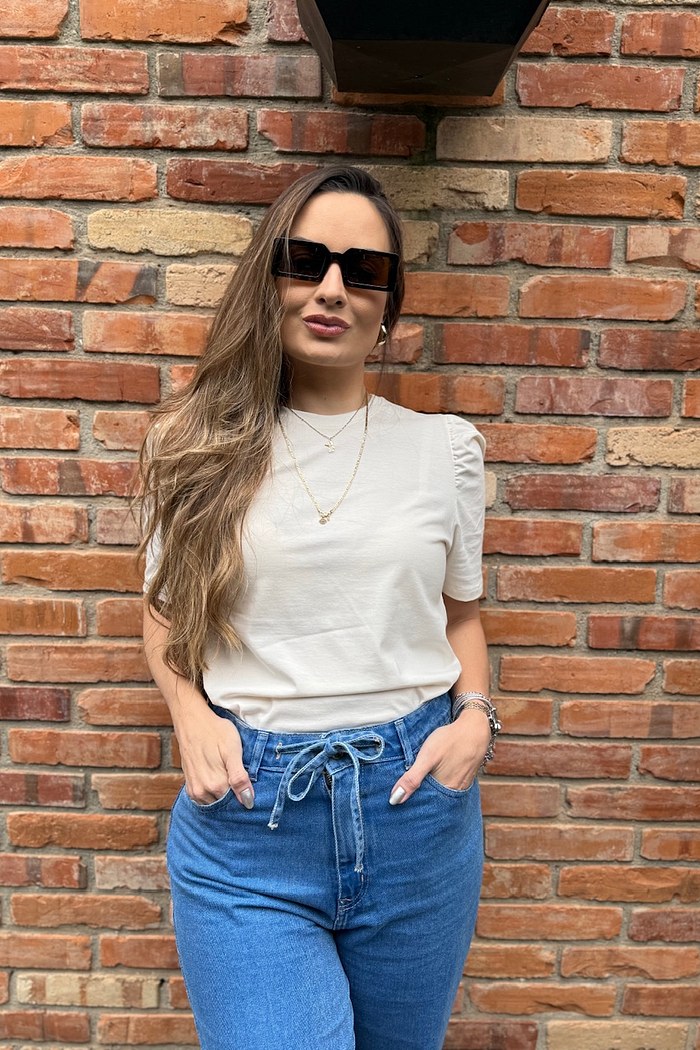BLUSA FEMININA MANGA BUFANTE DE ALGODÃO LISA - OFF WHITE