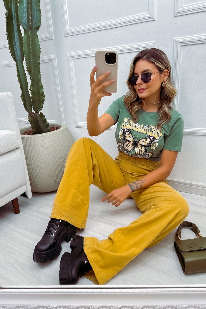 CALÇA ESTONADA WIDE LEG - MOSTARDA