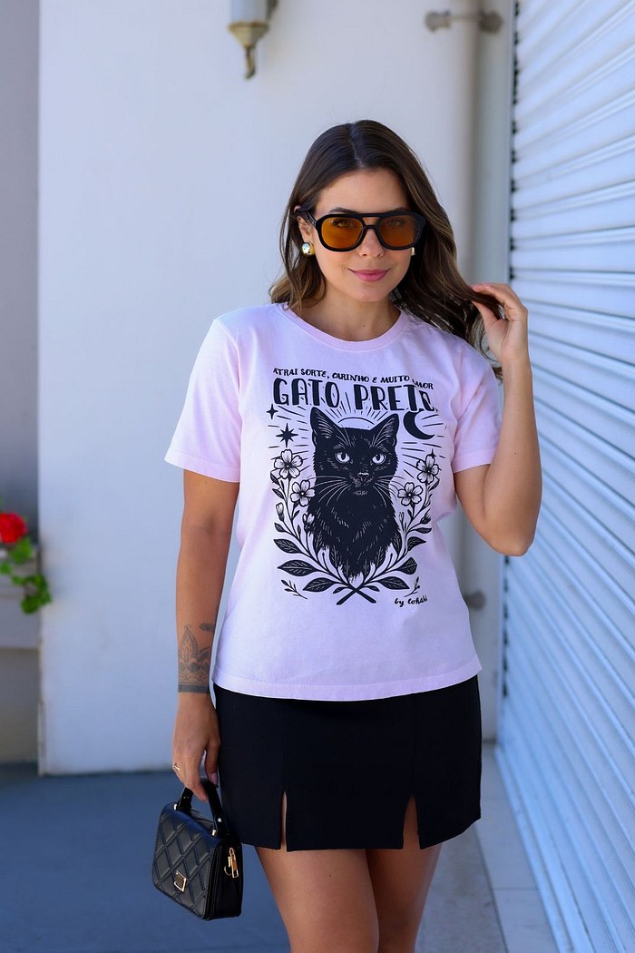 T-SHIRT ESTONADA GATO PRETO - ROSA CANDY