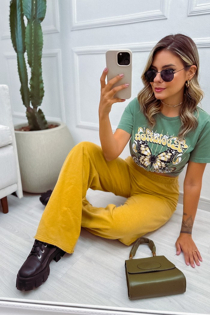 CALÇA ESTONADA WIDE LEG - MOSTARDA