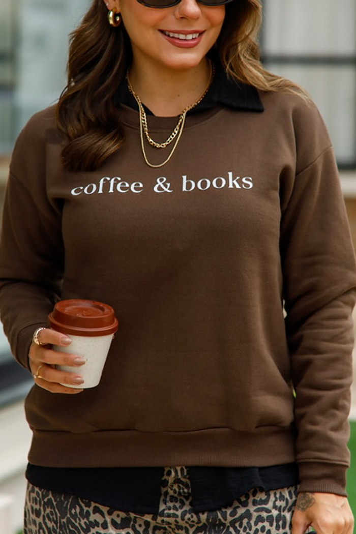 BLUSÃO MOLETOM COFFEE & BOOKS - MARROM
