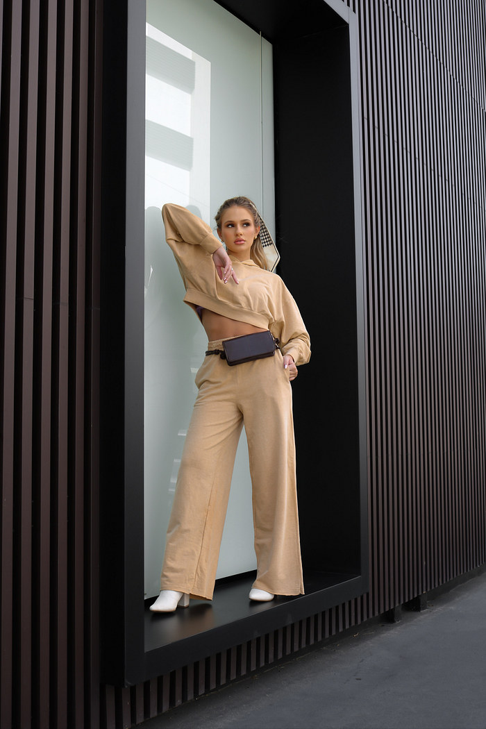 CALÇA ESTONADA WIDE LEG COM BOLSO - AREIA