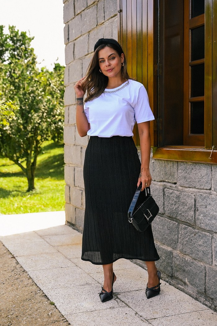 SAIA MIDI PLISSADA - PRETO LUXO