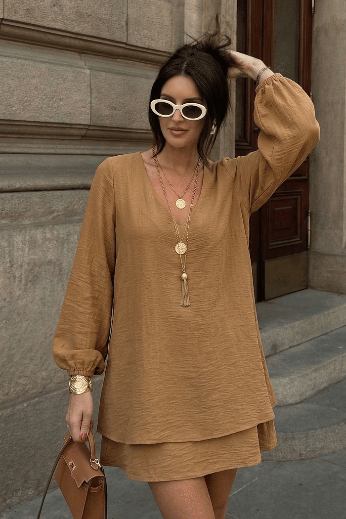 VESTIDO DUPLO MANGA LONGA - MASCAVO