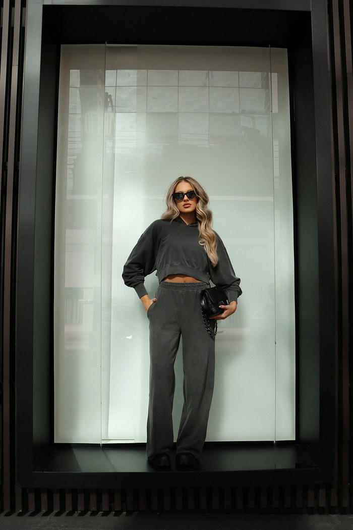 CALÇA WIDE LEG ESTONADA COM BOLSO - CHUMBO