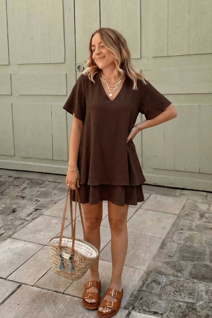 VESTIDO DUPLO MANGA CURTA - TERRA