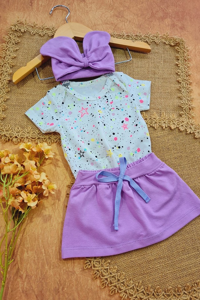 Saia Lilás + Laço Lilás + Body