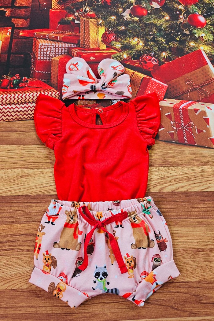 Body Frufru MC Vermelho + Shorts + Laço