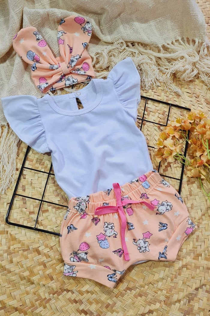 Body Frufru MC Branco + Shorts + Laço