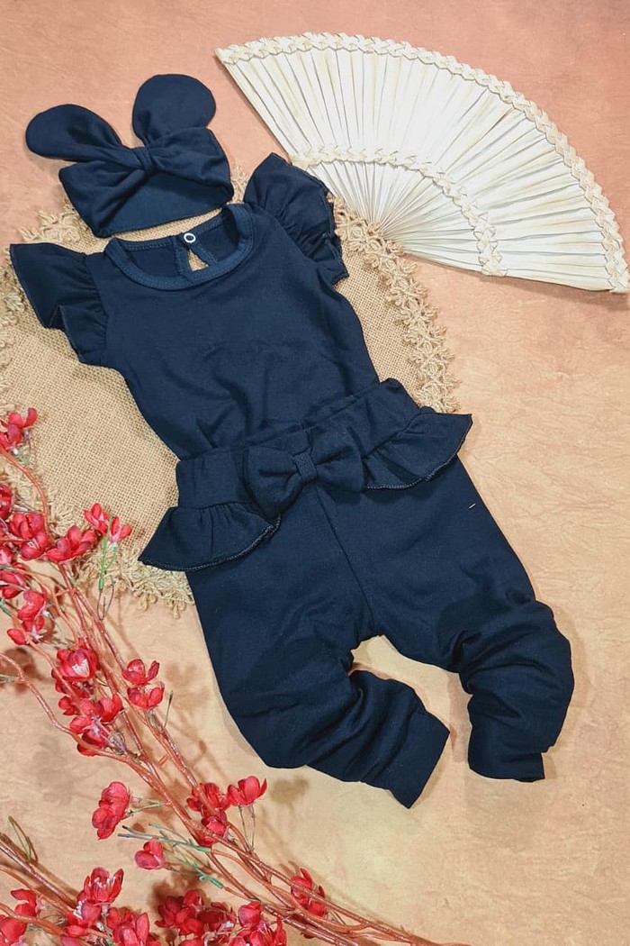 Body Frufru MC Preto + Calça frufru + Laço