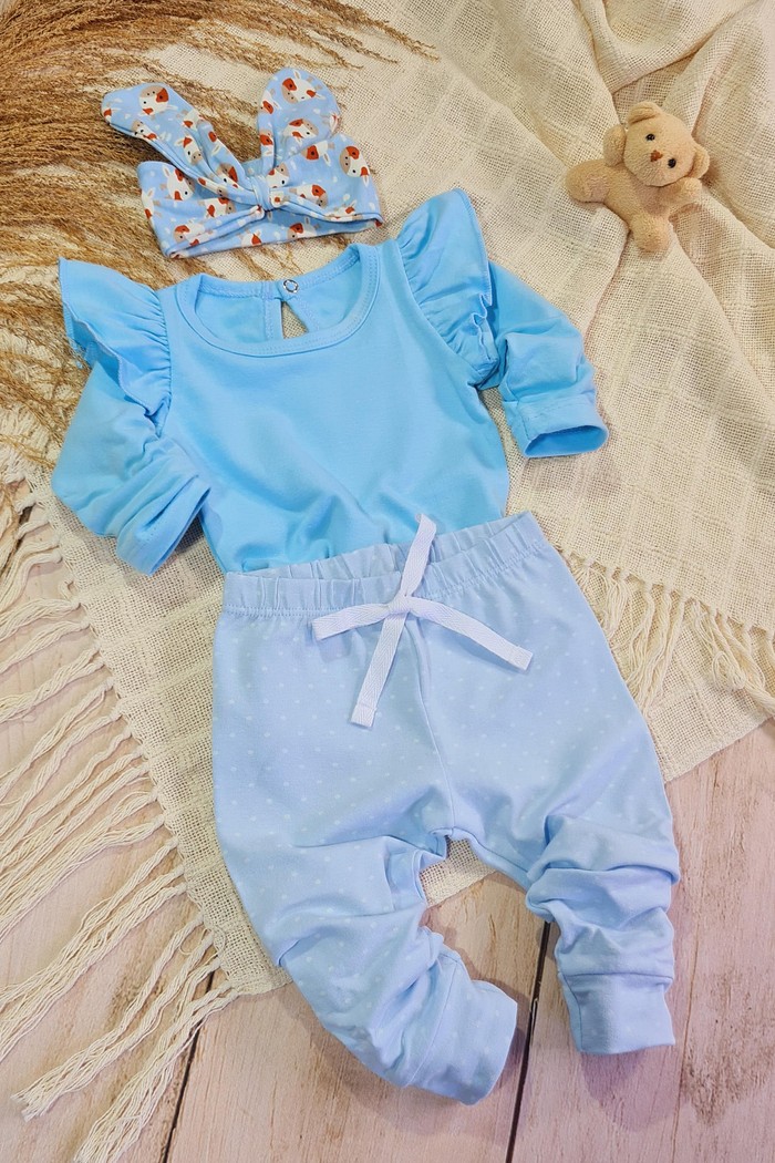 Body Frufru ML Azul + Calça Poa Azul + Laço