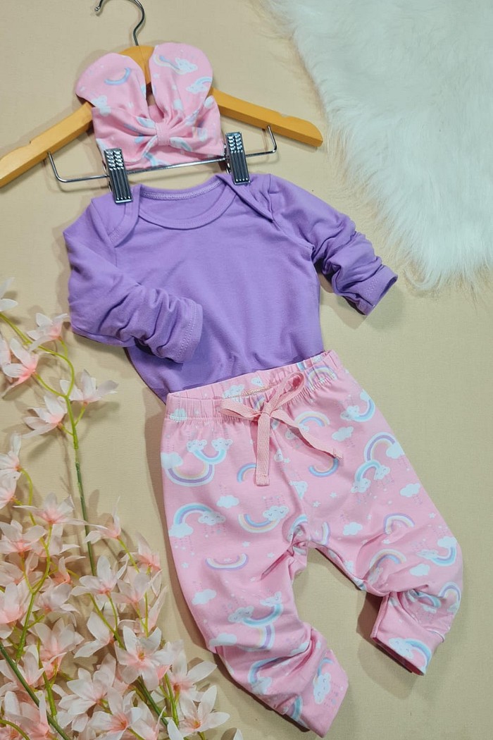 Body ML Lilás+ Calça estampada+ Laço Estampado