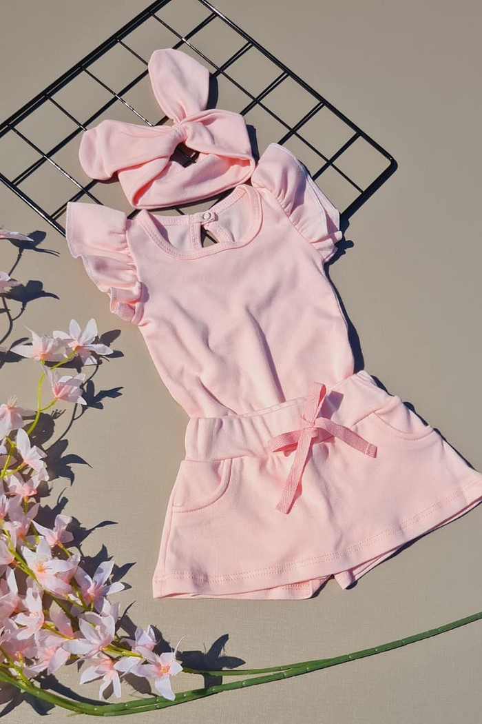 Body Frufru Mc + Shorts Saia + Laço de Cabelo Algodão Pima