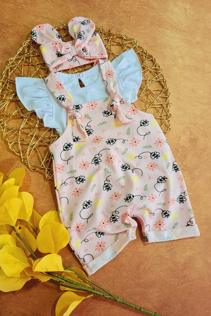 Body Frufru MC Branco + Jardineira + Laço