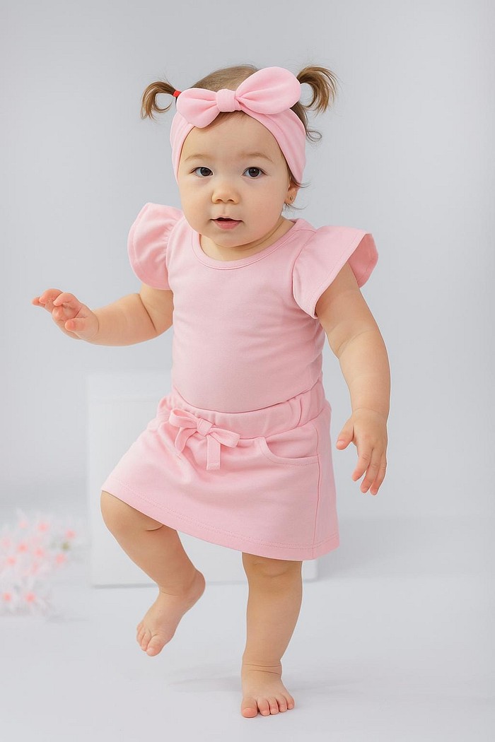 Body Frufru Mc + Shorts Saia + Laço de Cabelo Algodão Pima