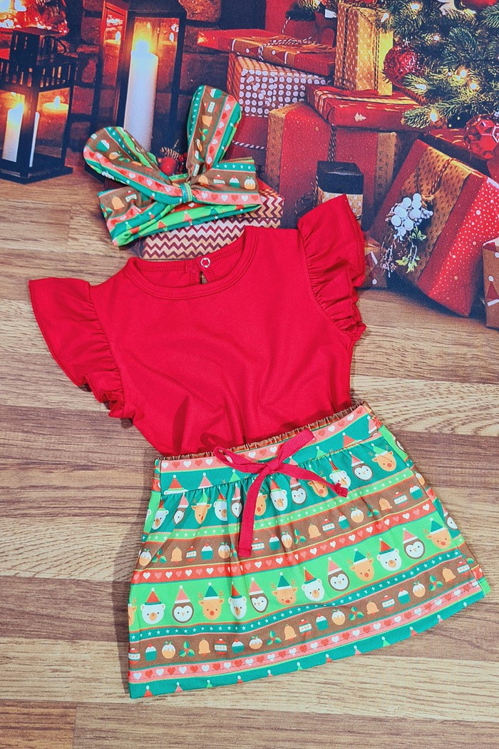 Camiseta Frufru MC Vermelha + Saia + Laço