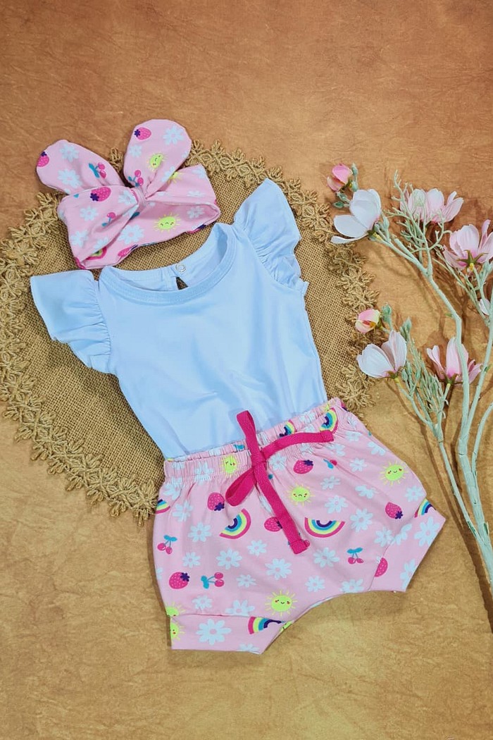 Body Frufru MC Branco + Shorts + Laço