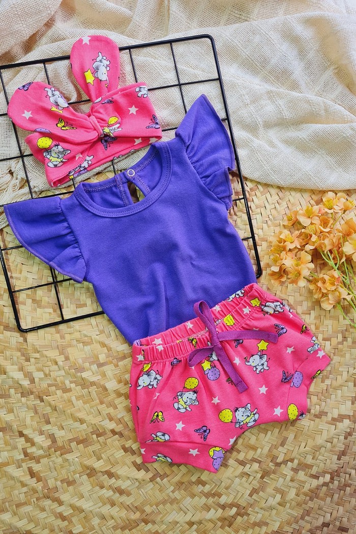 Body Frufru MC Roxo + Shorts + Laço