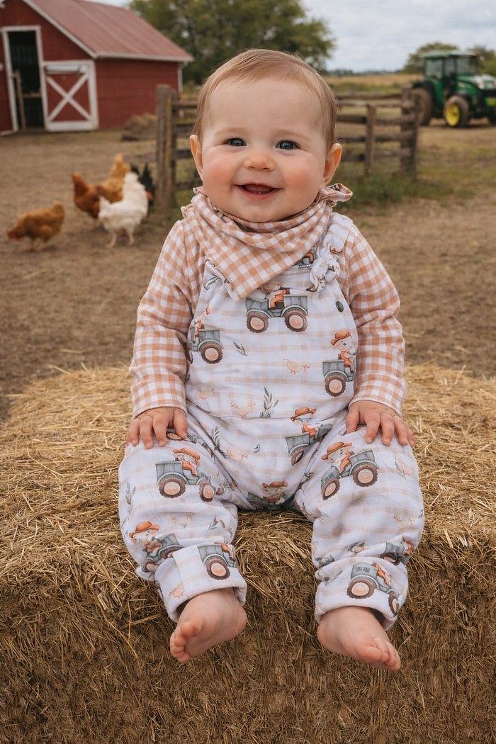 Body/ Camiseta e Bandana  Xadrez Marrom + Jardineira Estampada